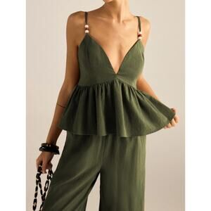 Commense Olive Cotton Peplum Top Wide Leg Pants Set Beaded Straps Modern Chic